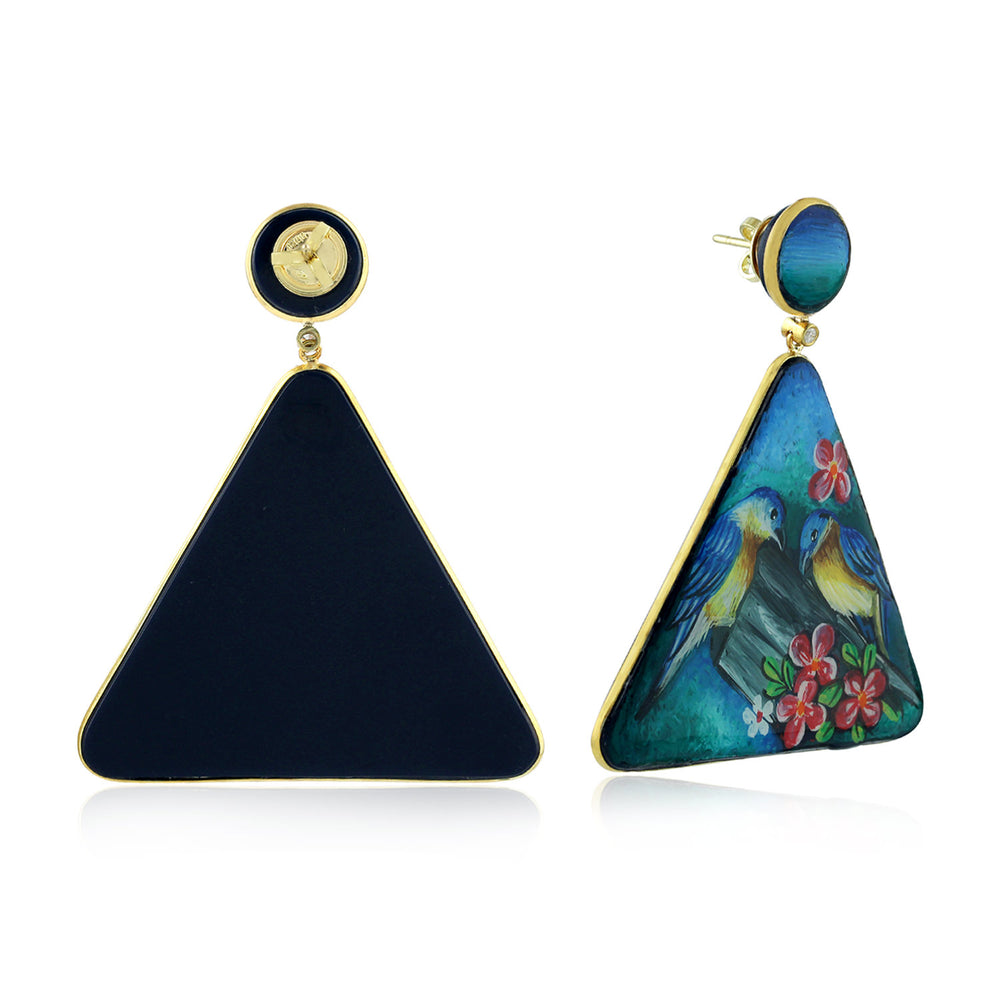 Picture Bakelite Prong Diamond Enamel Bird Triangle Dangler In Yellow Gold