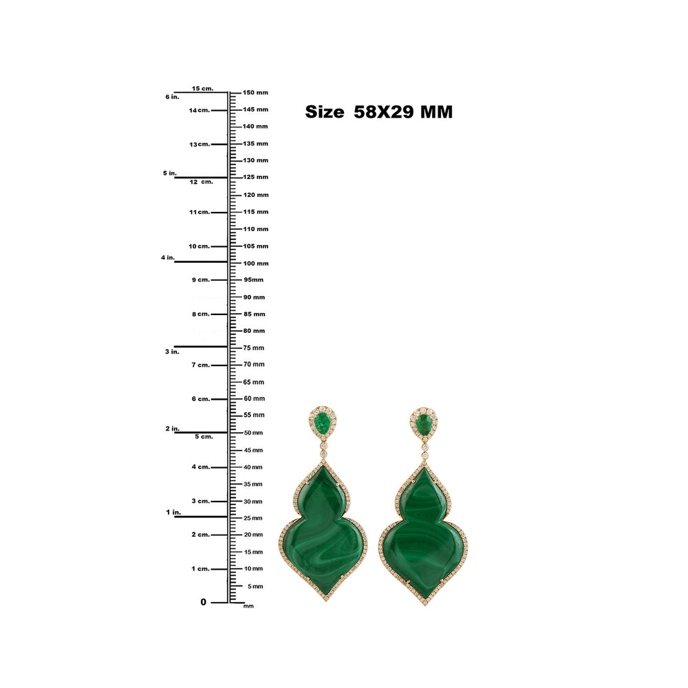 Malachite Pave Diamond Pear Emerald Leaf Dangle Earrings in 18k Yellow Gold
