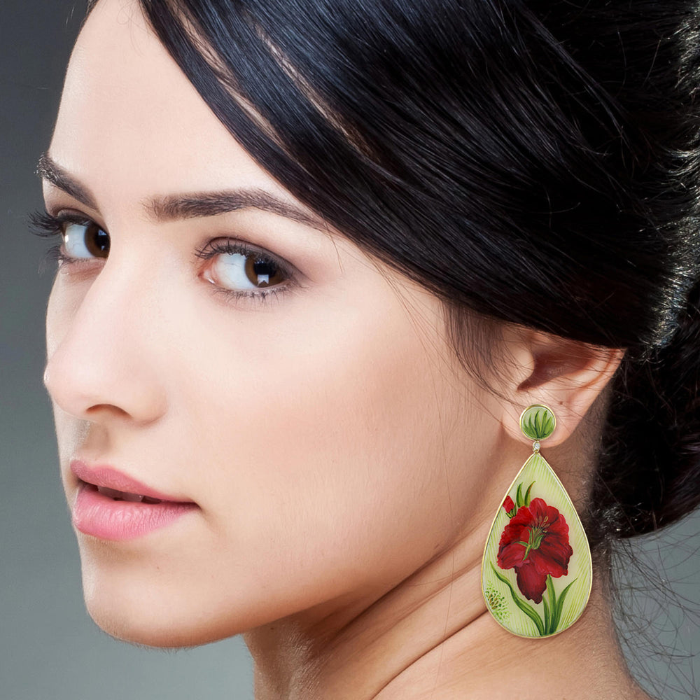 Picture Bakelite Gold Prong Diamond Flower Dangler In 18K Yellow Gold