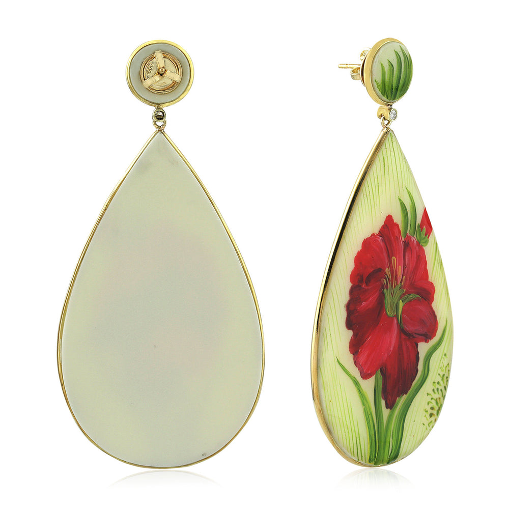 Picture Bakelite Gold Prong Diamond Flower Dangler In 18K Yellow Gold