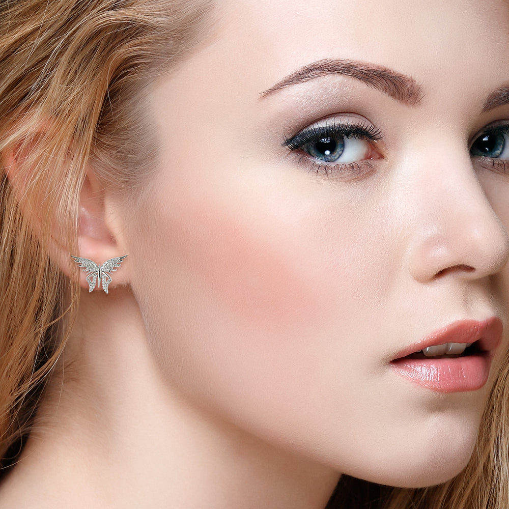 14K White Gold Micro Pave Diamond Butterfly Design Stud Earrings