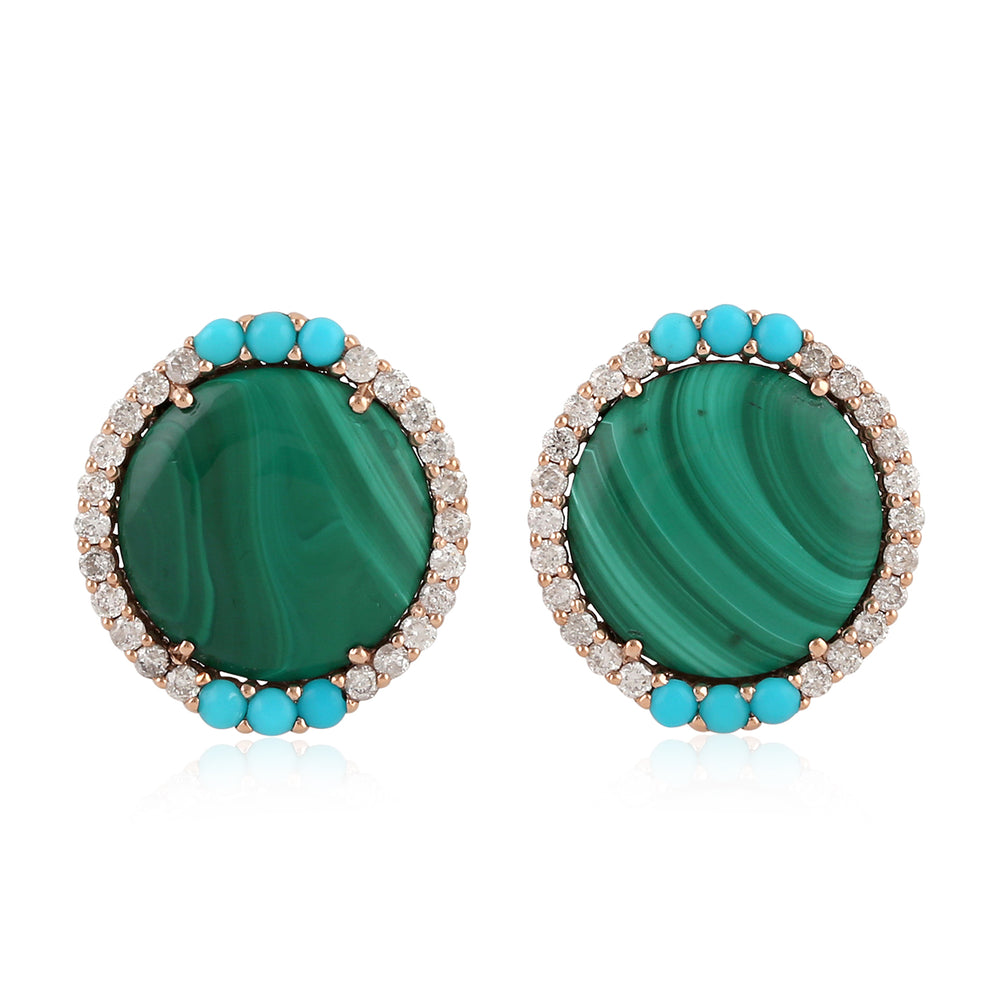 18K Rose Gold Round Malachite Turquoise Prong Diamond Designer Stud Jewelry For Birthday Gift