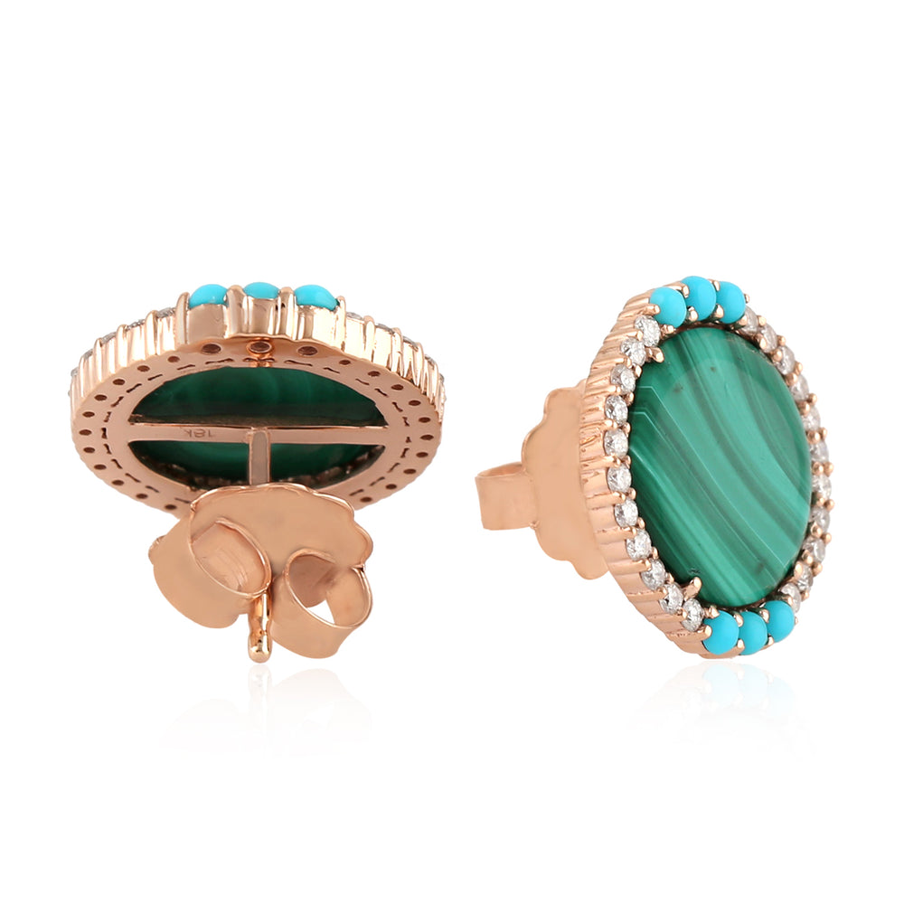 18K Rose Gold Round Malachite Turquoise Prong Diamond Designer Stud Jewelry For Birthday Gift