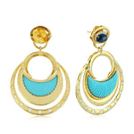 18K Yellow Gold Carved Turquoise Oval Sapphire Prong Diamond Moon Dangler Indian Ethnic Jewelry