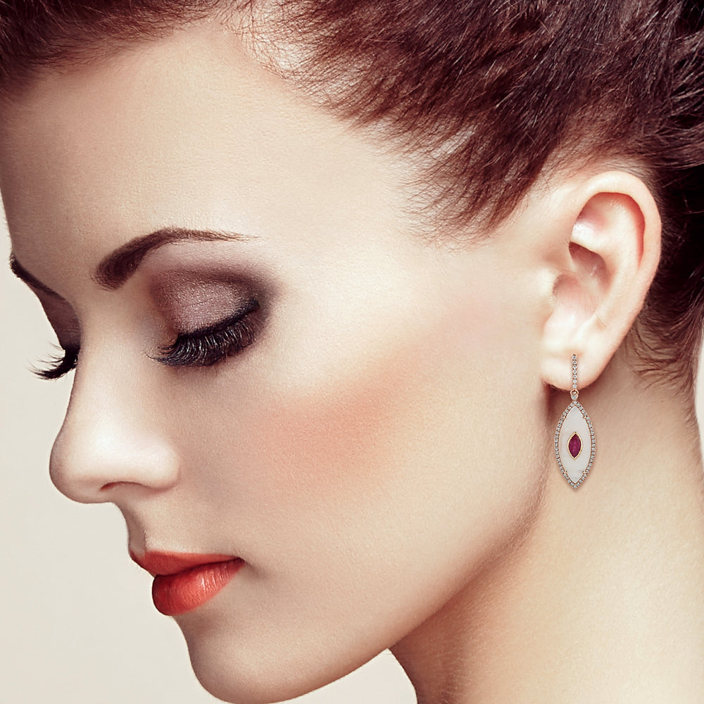 18K Rose Gold Bezel Ruby Marquise Cut MOP Pave Diamond Evil Eye Earrings