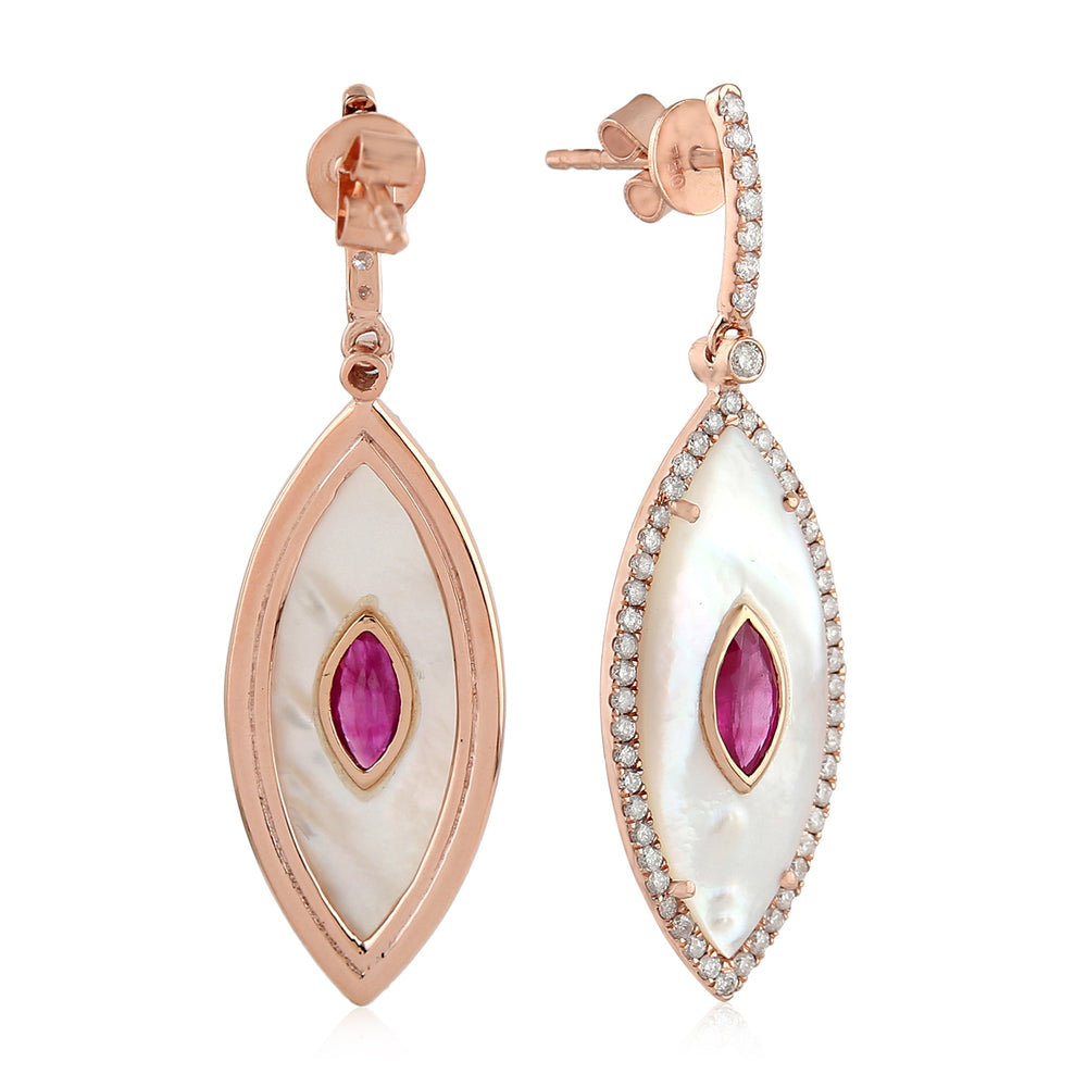 18K Rose Gold Bezel Ruby Marquise Cut MOP Pave Diamond Evil Eye Earrings