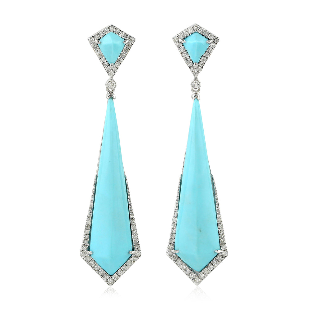 Fancy Cut Turquoise Micro Pave Diamond Long Danglers Partywear Jewelry Made In 18K White gold