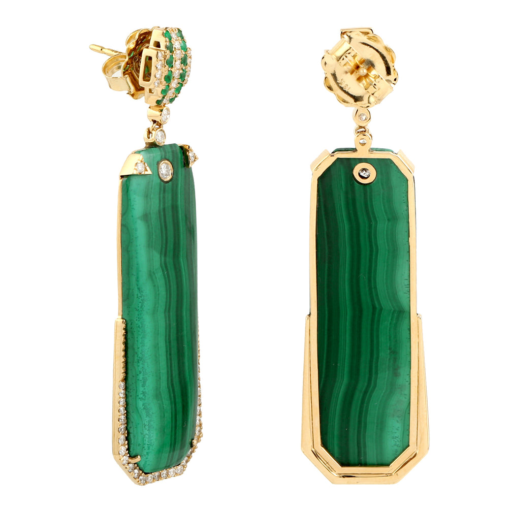 Malachite Prong Emerald Gemstone Pave Diamond Drop Dangle Earrings In Gold