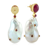 Tumble Pearl Chiness Bezel Set Ruby Gemstone Danglers June Birthstone 18K Gold Jewelry