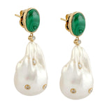 Natural Malachite Pearl Dangle Earrings 18k Yellow Gold Jewelry Gift