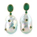 Tumble Pearl Chiness Bezel Set Emerald Gemstone Danglers June Birthstone 18K Gold Jewelry