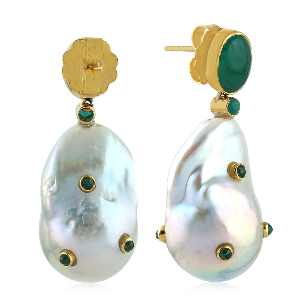 Tumble Pearl Chiness Bezel Set Emerald Gemstone Danglers June Birthstone 18K Gold Jewelry