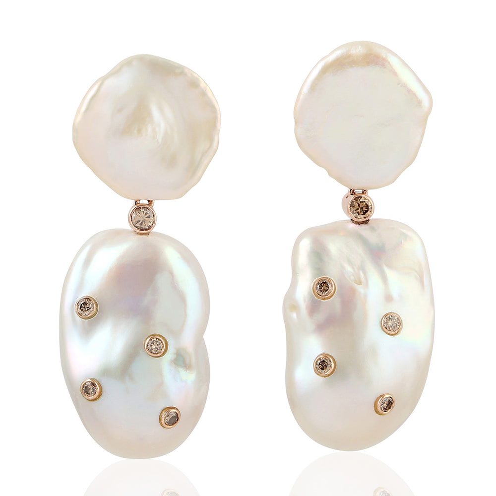 Pearl Chinese Natural Pave Diamond Nugget Earrings 18k Yellow Gold