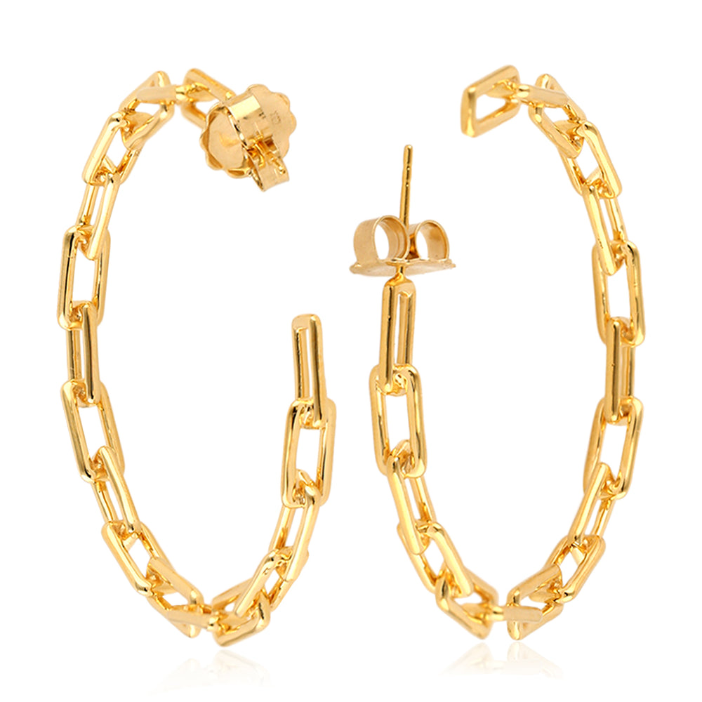 18K Yellow Gold Link Chain Design Long Hoop Earrings