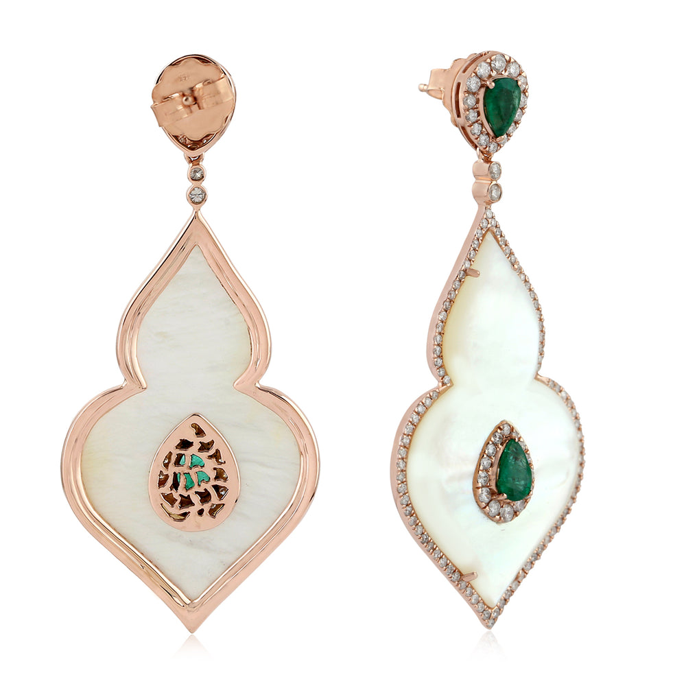 Fancy Cut MOP Pear Cut Emerald Pave Diamond Beautiful Dangler In 18K Rose Gold