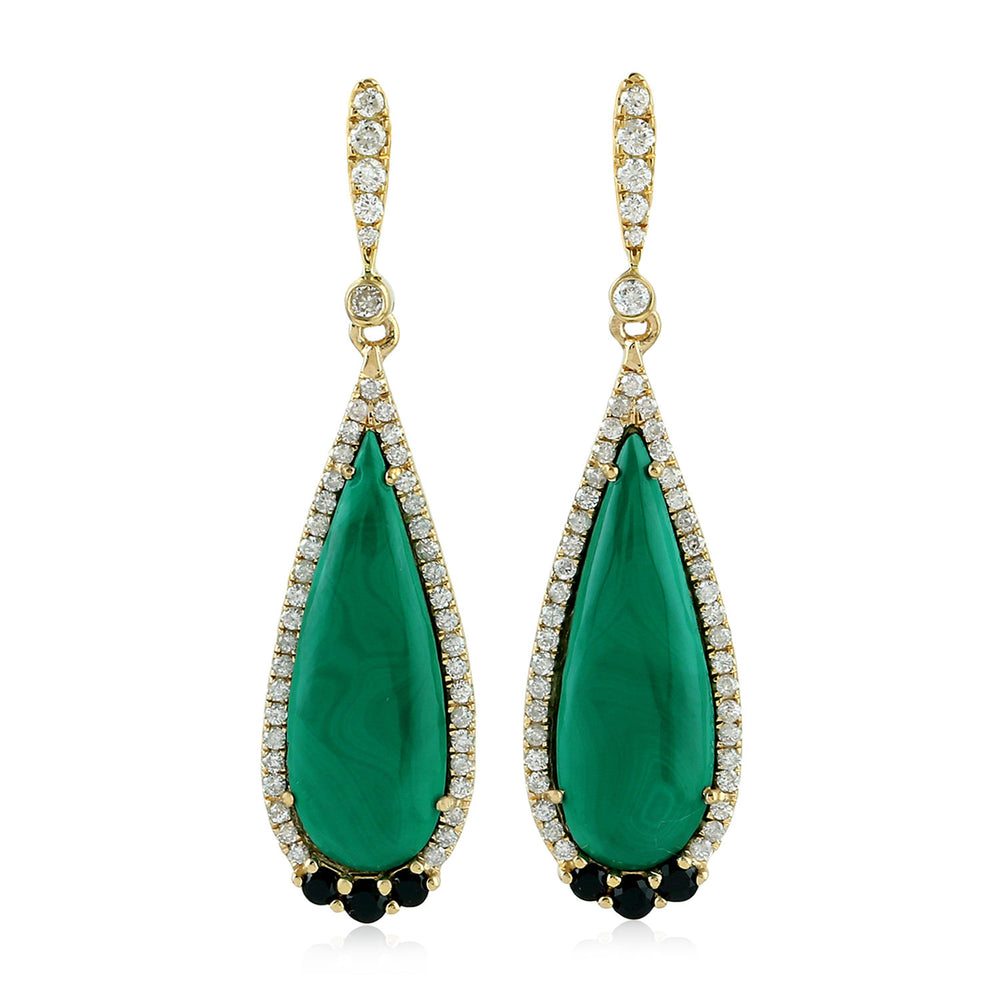 Pear Cut Malachite Round Spinel Pave Diamond Drop Dangler In 18K Yellow Gold