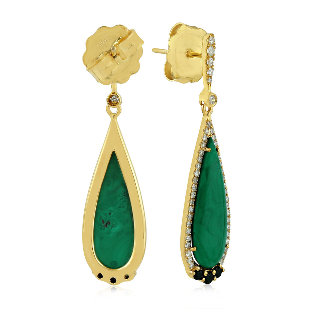 Pear Cut Malachite Round Spinel Pave Diamond Drop Dangler In 18K Yellow Gold