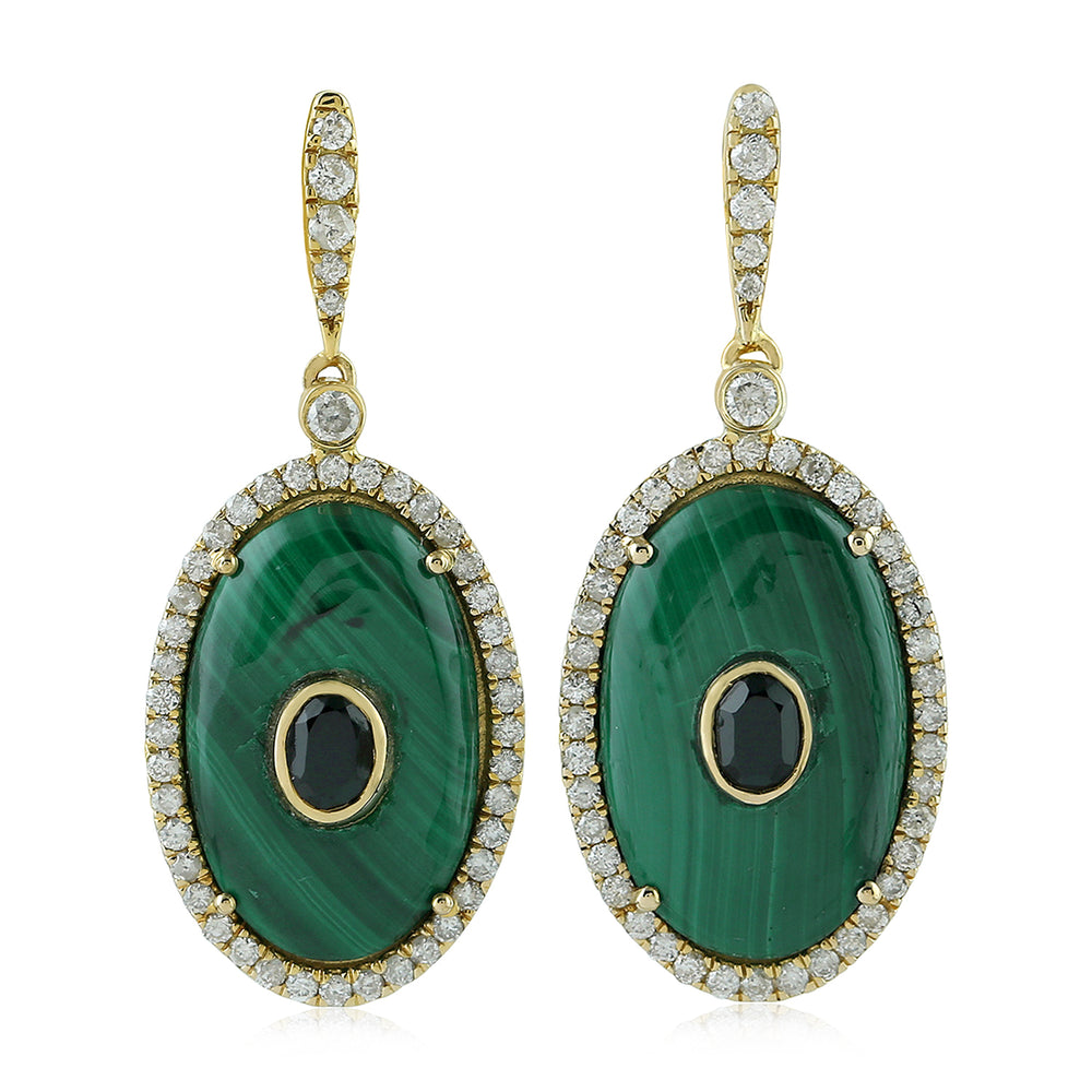 Oval Cut Malachite Bezel Set Spinel Pave Diamond Oval Dangler In Yellow Gold