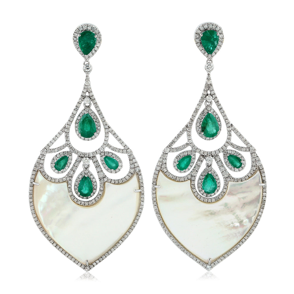 Natural Fancy MOP Pear Emerald Prong Diamond Luxury Dangler Earrings 18K White Gold Jewelry