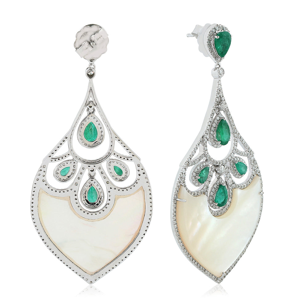 Natural Fancy MOP Pear Emerald Prong Diamond Luxury Dangler Earrings 18K White Gold Jewelry