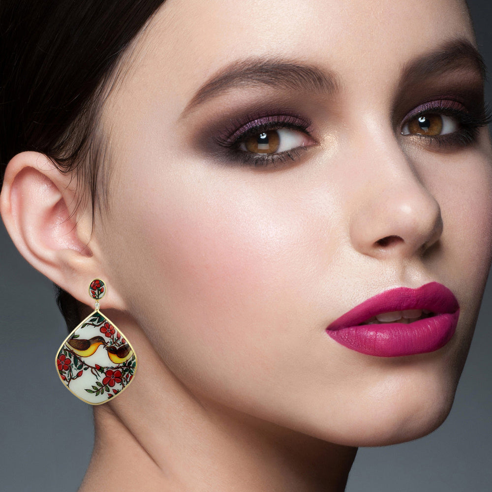 MOP & Hand-Painted Enamel Bird & Floral Drop Earrings in 18K Yellow Gold