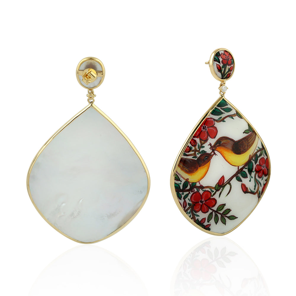 MOP & Hand-Painted Enamel Bird & Floral Drop Earrings in 18K Yellow Gold