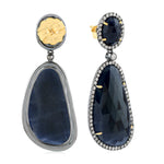 Prong Set Oval Unshaped Blue Sapphire & Diamond Dangle Earrings 18k Gold 925 Silver Women Jewelry