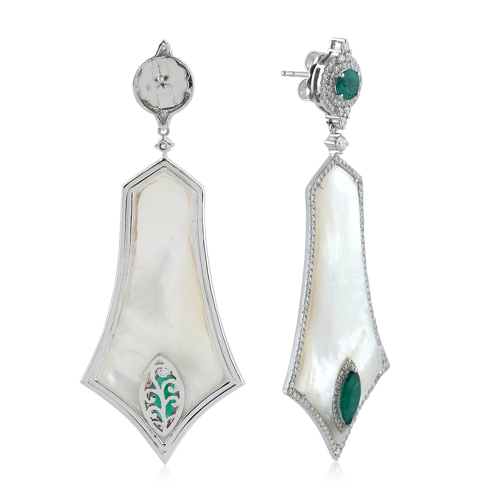 Fancy Cut MOP Bezel Emerald Pave Diamond In White Gold Sparkling Dangler