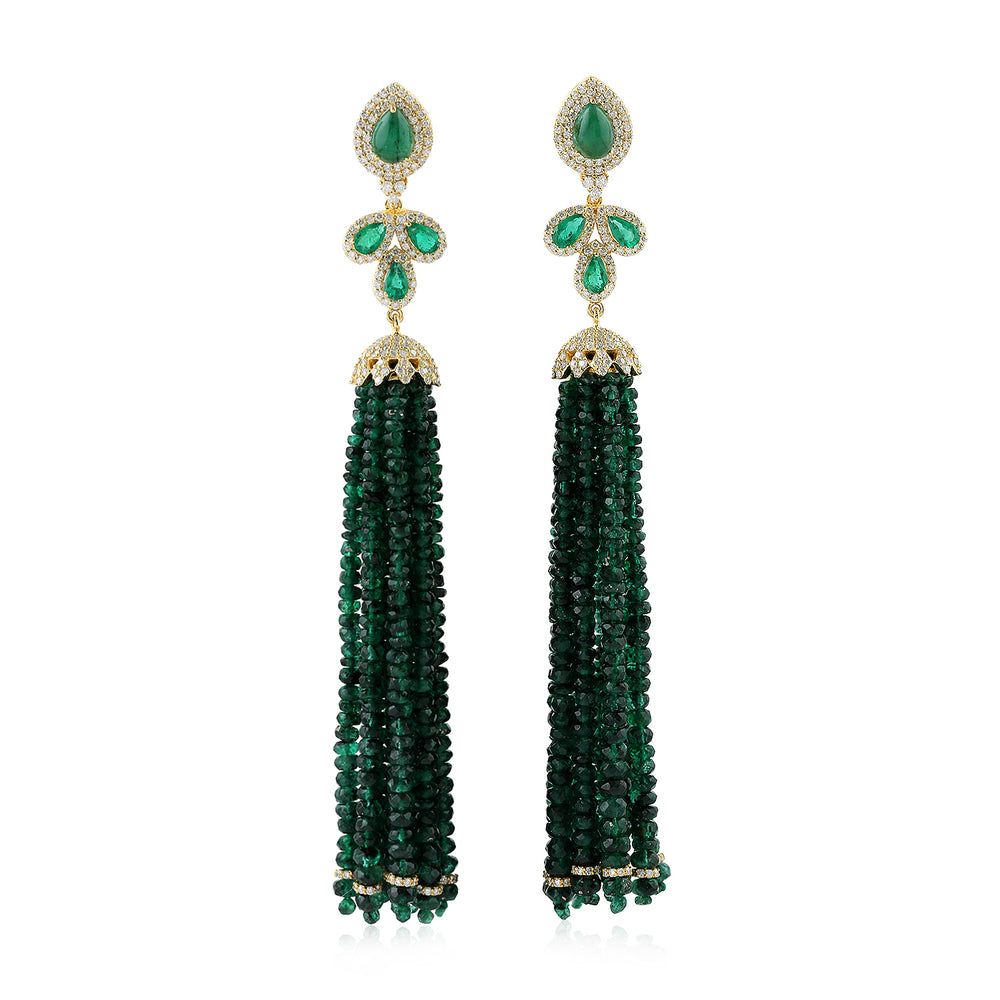 Faceted Beads Pear Emerald Pave Diamond Wedding Tassel Danglers 14K Yellow Gold Jewelry