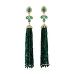 Faceted Beads Pear Emerald Pave Diamond Wedding Tassel Danglers 14K Yellow Gold Jewelry