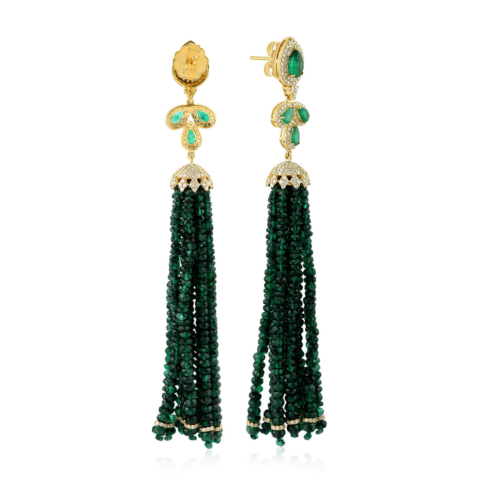 Faceted Beads Pear Emerald Pave Diamond Wedding Tassel Danglers 14K Yellow Gold Jewelry