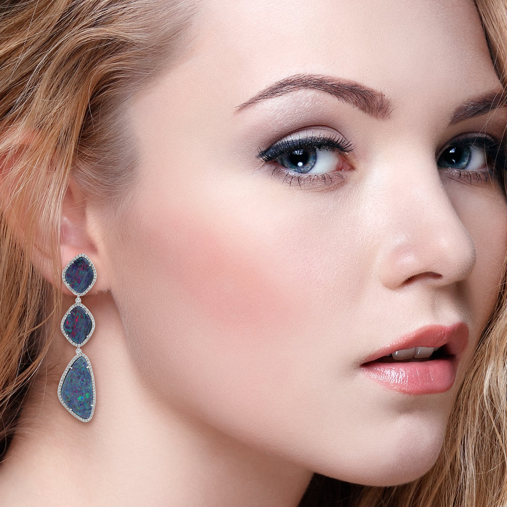 Opal Triple-Drop Dangle Earrings with Diamond Halo in 10K White Gold