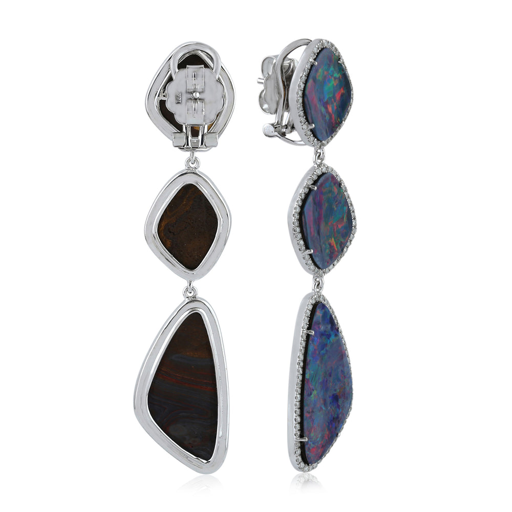 Opal Triple-Drop Dangle Earrings with Diamond Halo in 10K White Gold