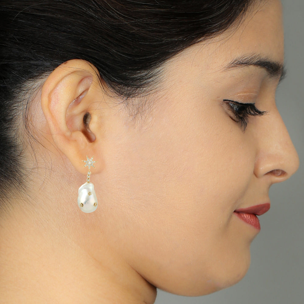 18K Yellow Gold Star Danglers with Pearl, Chinese Gemstone & Micro Pave Diamonds – Celestial Elegance