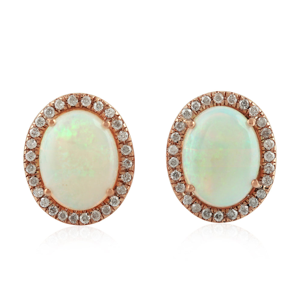 Oval Opal & Diamond Halo Stud Earrings in 18K Rose Gold