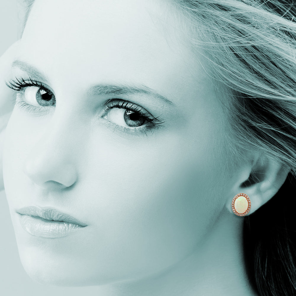 Oval Opal & Diamond Halo Stud Earrings in 18K Rose Gold
