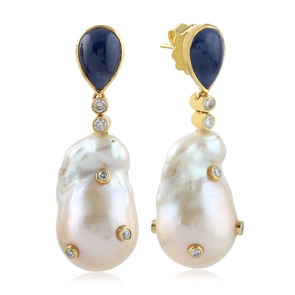 Pearl Chinese & Blue Sapphire Drop Earrings with Diamond Accents in 18K Yellow Gold
