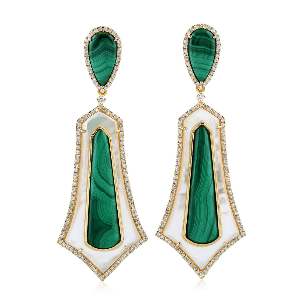 18K Solid Gold Pear Cut Malachite Fancy MOP Prong Diamond Designer Dangler Handmade Jewelry