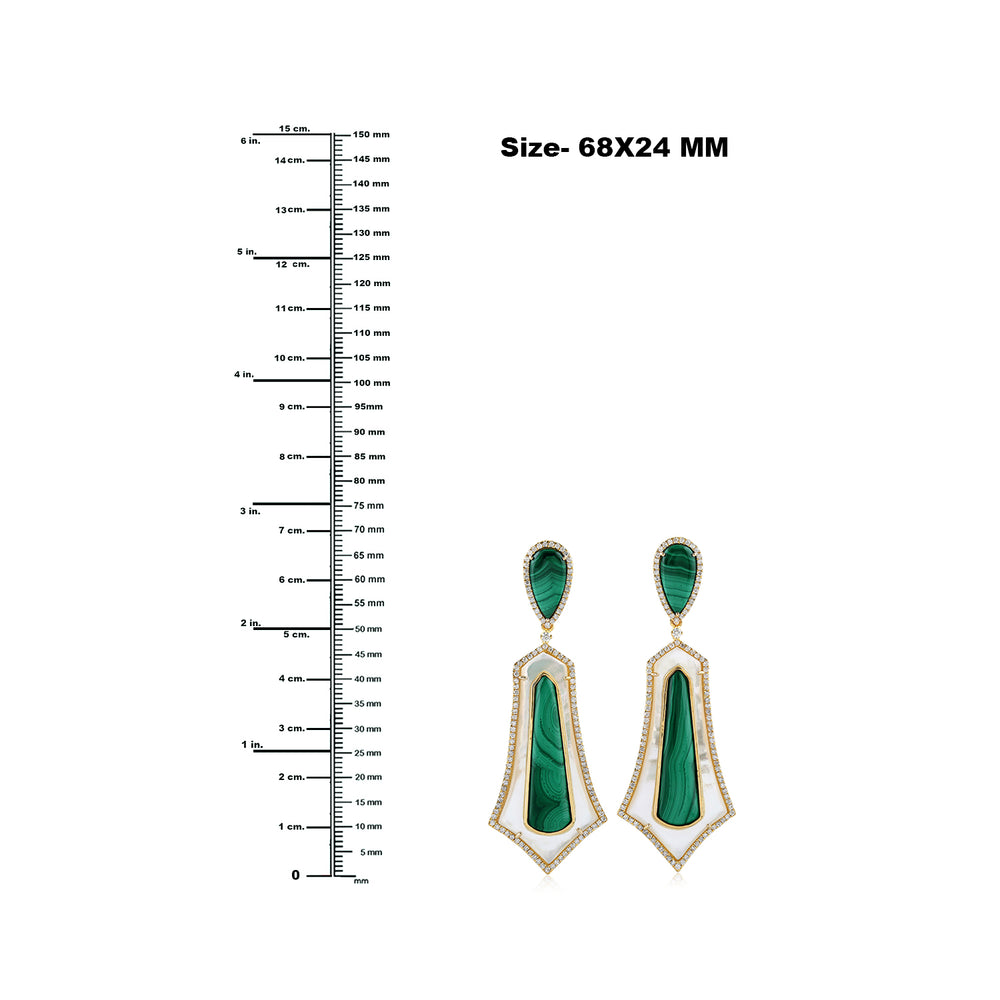 18K Solid Gold Pear Cut Malachite Fancy MOP Prong Diamond Designer Dangler Handmade Jewelry