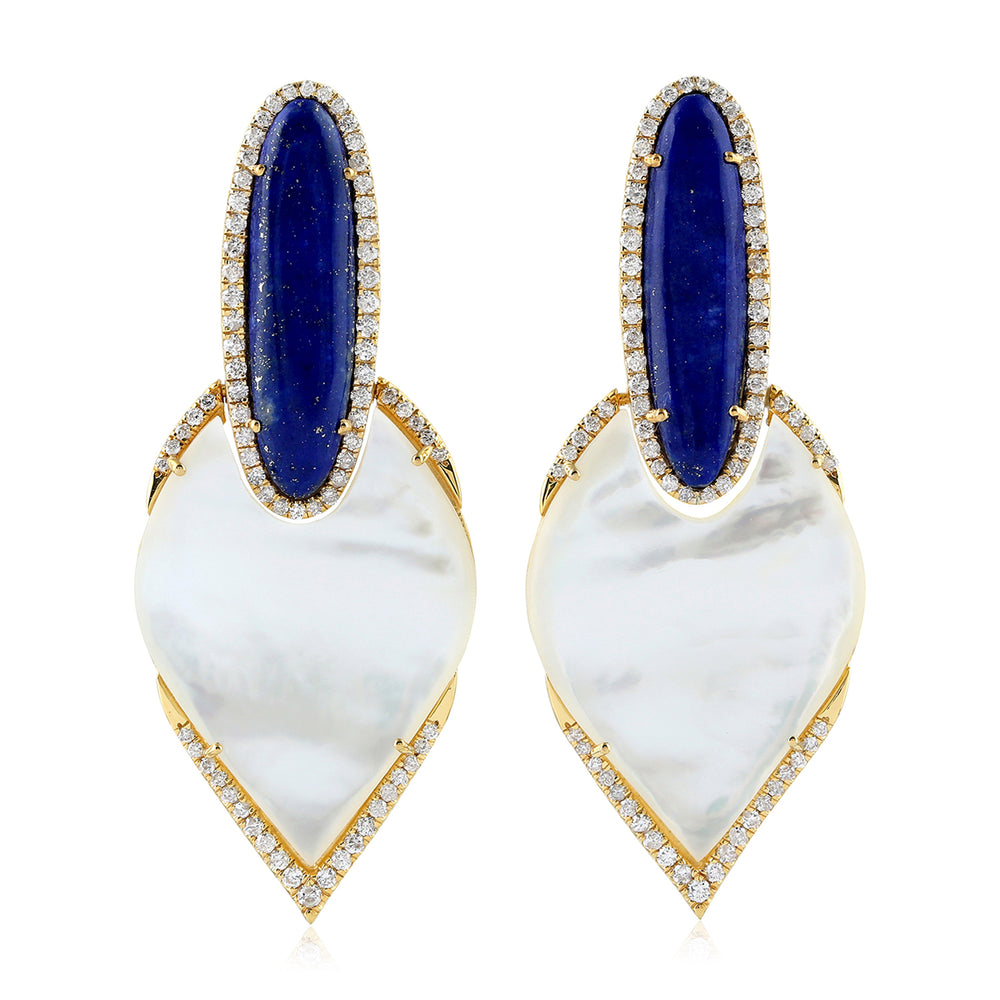 Natural Fancy Cut MOP Oval Lapis Prong Diamond Party Wear Danglers In 18K Solid Gold For Her