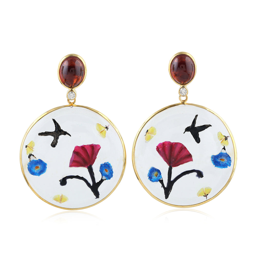 Garnet & Multicolor Floral Bird Quartz Crystal Diamond Drop Earrings in 18K Yellow Gold