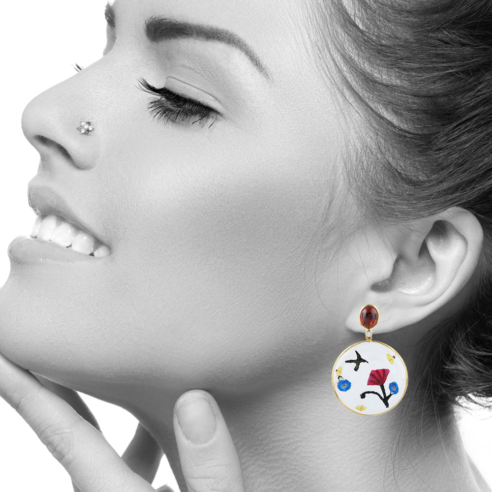 Garnet & Multicolor Floral Bird Quartz Crystal Diamond Drop Earrings in 18K Yellow Gold