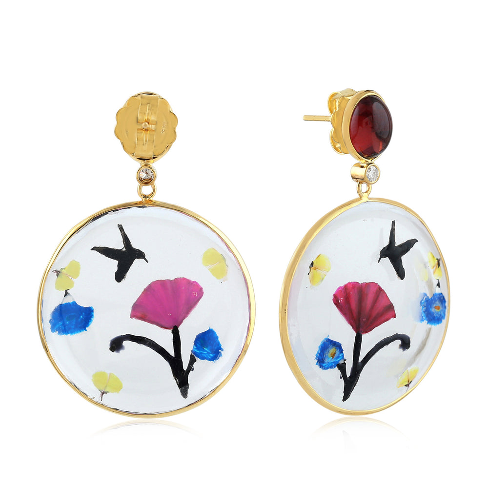 Garnet & Multicolor Floral Bird Quartz Crystal Diamond Drop Earrings in 18K Yellow Gold