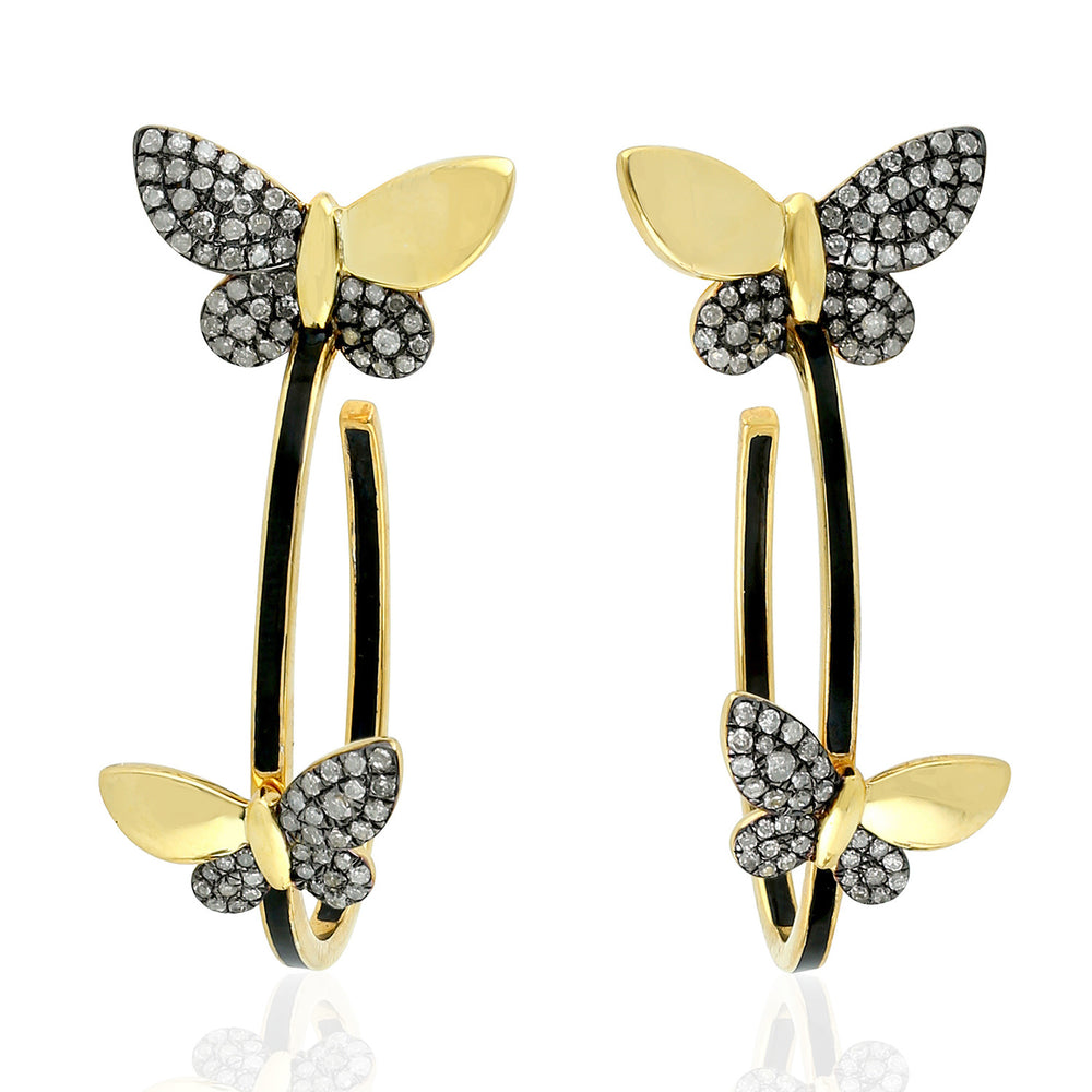 Butterfly Climber Hoop Earrings in 18K Yellow Gold Siler with Diamond