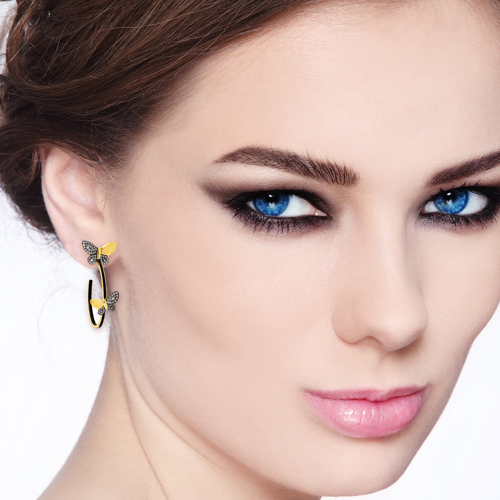 Butterfly Climber Hoop Earrings in 18K Yellow Gold Siler with Diamond