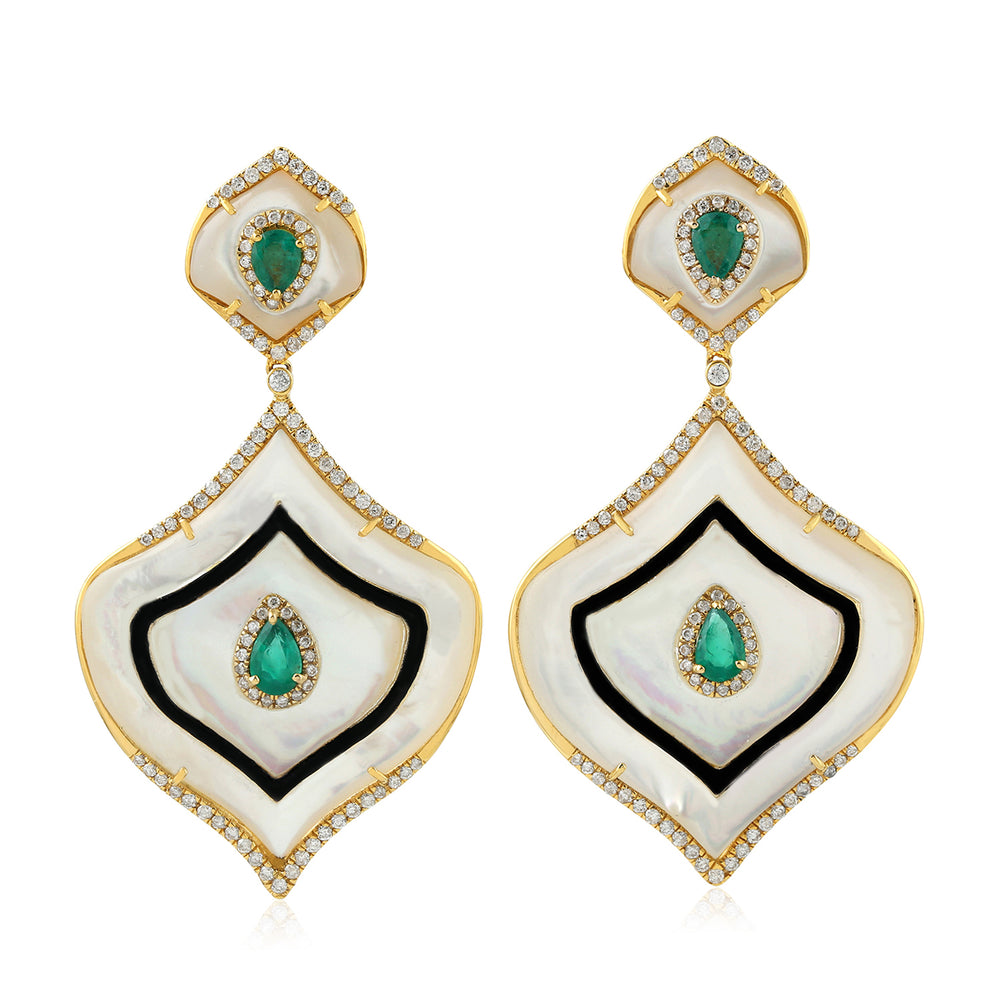 Carved Mother Of Pearl Pear Emerald Prong Diamond Wedding Dangler 18K Gold Jewelry For Women's