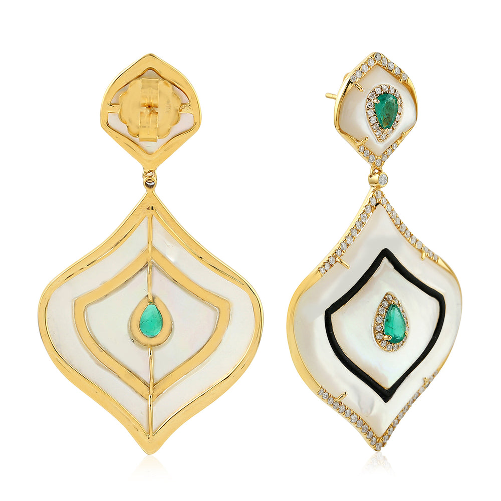 Carved Mother Of Pearl Pear Emerald Prong Diamond Wedding Dangler 18K Gold Jewelry For Women's