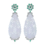 18K White Gold Drop Carved Jade Pear Emerald Baguette Diamond Wedding Dangler Jewelry