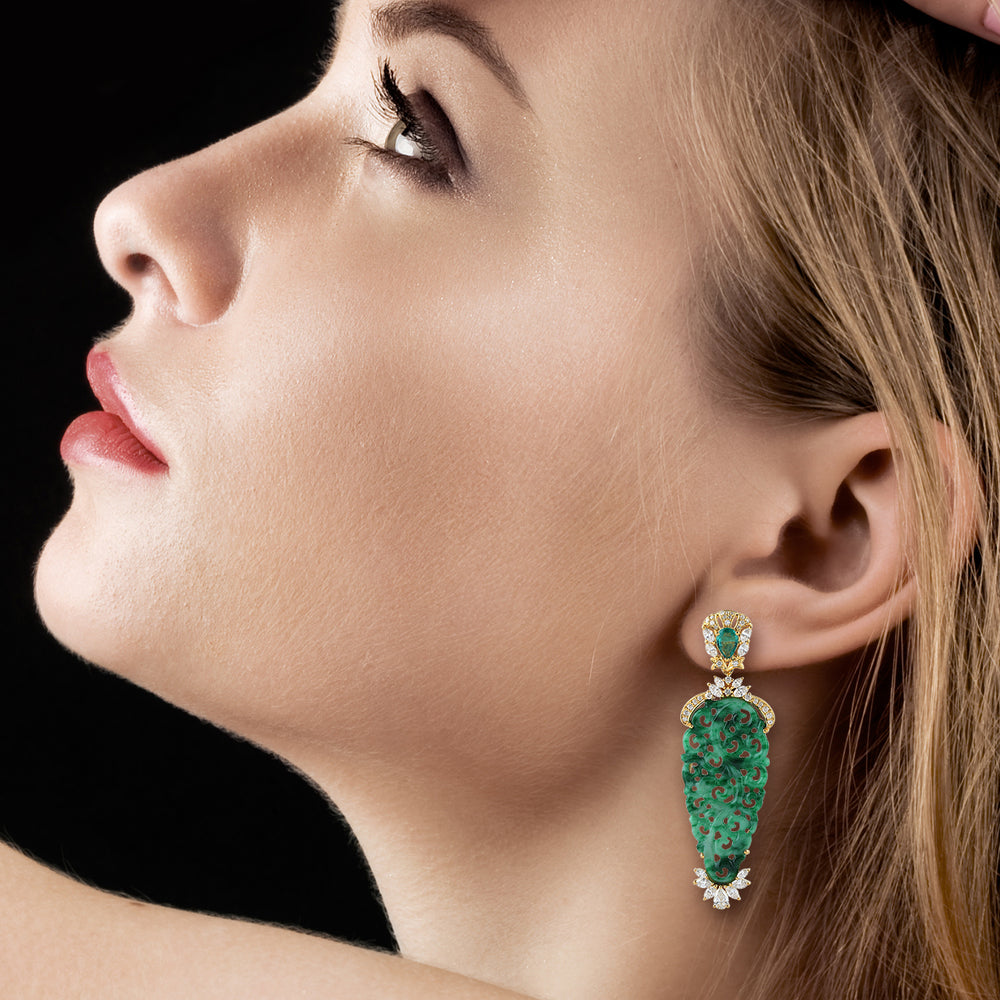 Carved Green Jade Pear Emerald Rose Cut Diamond Wedding Danglers 18K Gold Jewelry For Her