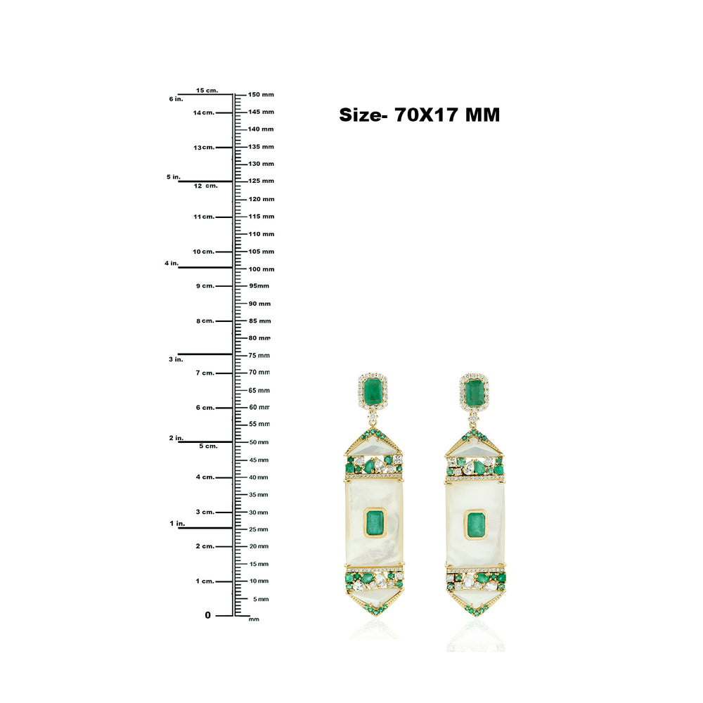 Mother of Pearl, Pear Cut Emerald & White Sapphire Danglers with Pave Diamonds in 18k Gold – Luxury Gemstone Earrings